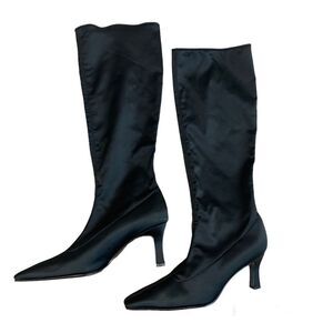 𝅺NINA Black satin finish soft stretch heeled boots Sz 8.5